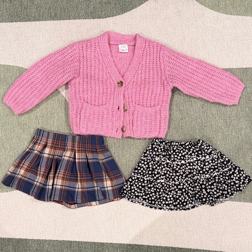 Zara kids 2-3T Pink Knit Cardigan with Plaid and Floral Skirts Set